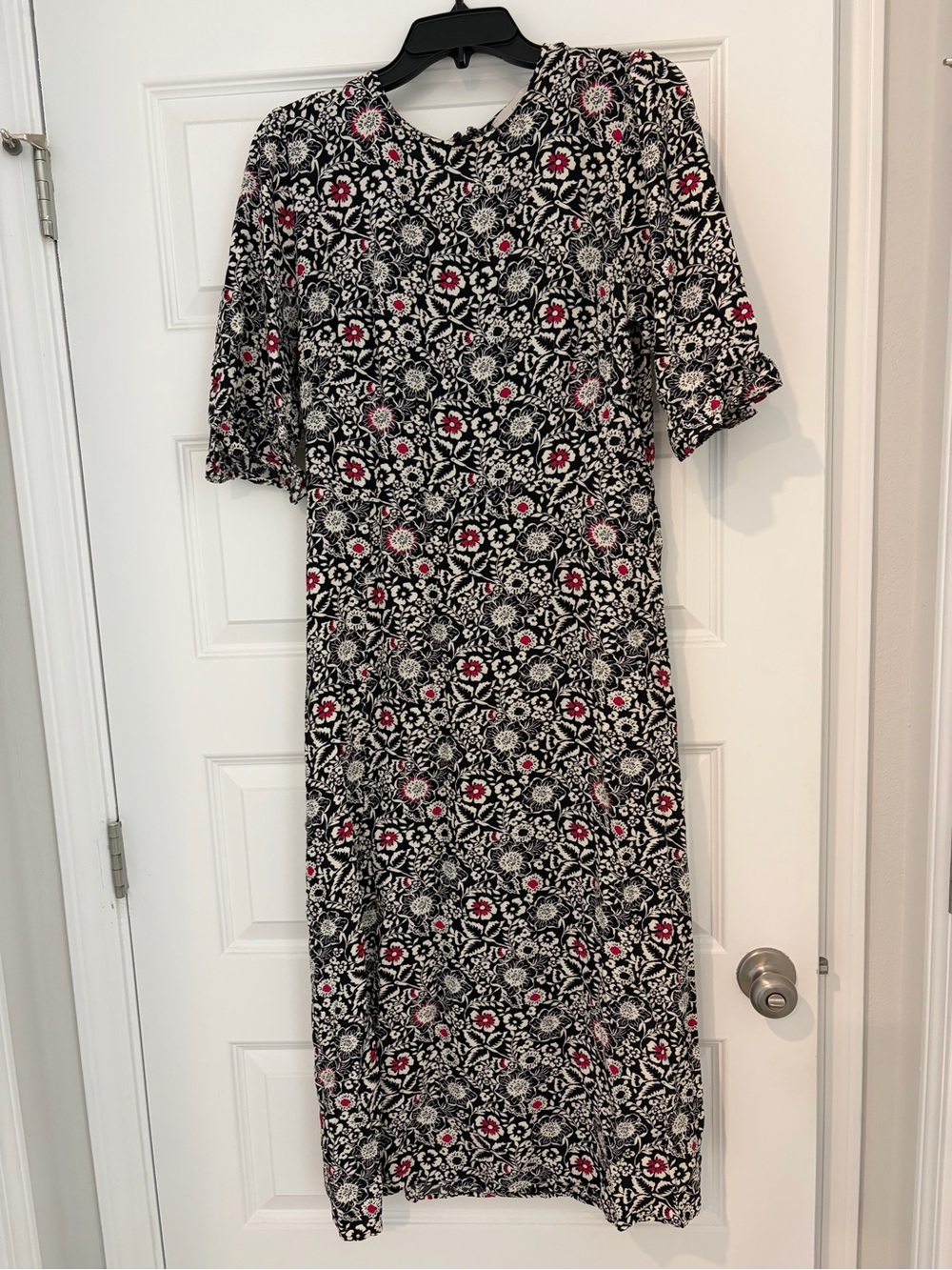 LOFT Black Floral Midi Dress with Pink Accents